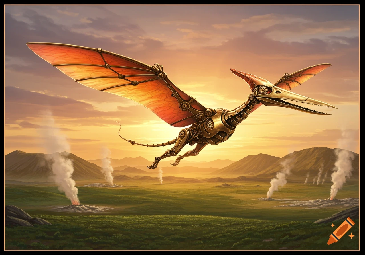A brass robotic pteranodon flies over a green volcanic landscape with smoking vents at sunset.