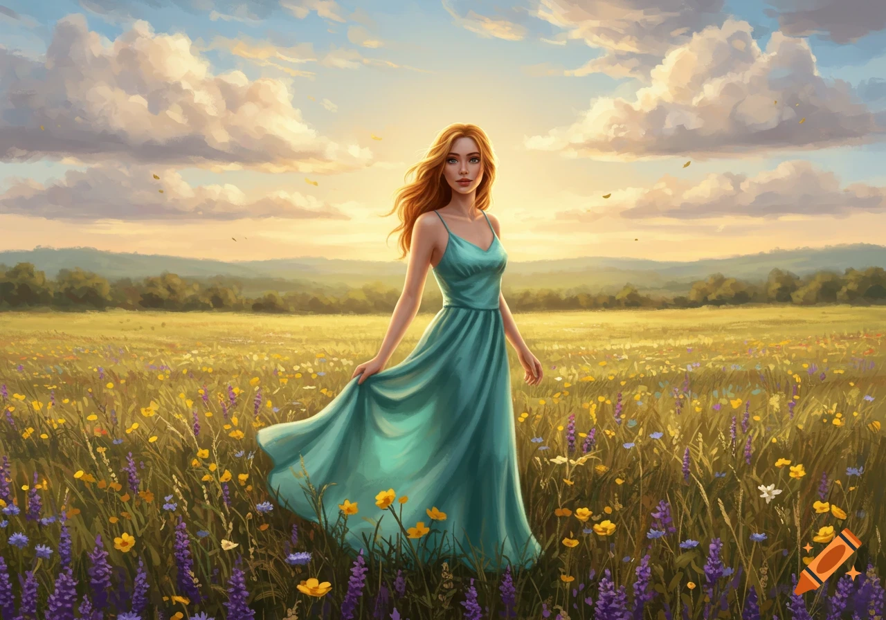 A red-haired woman in a teal dress stands in a vibrant field of yellow and purple flowers under a sunny sky, digital art.