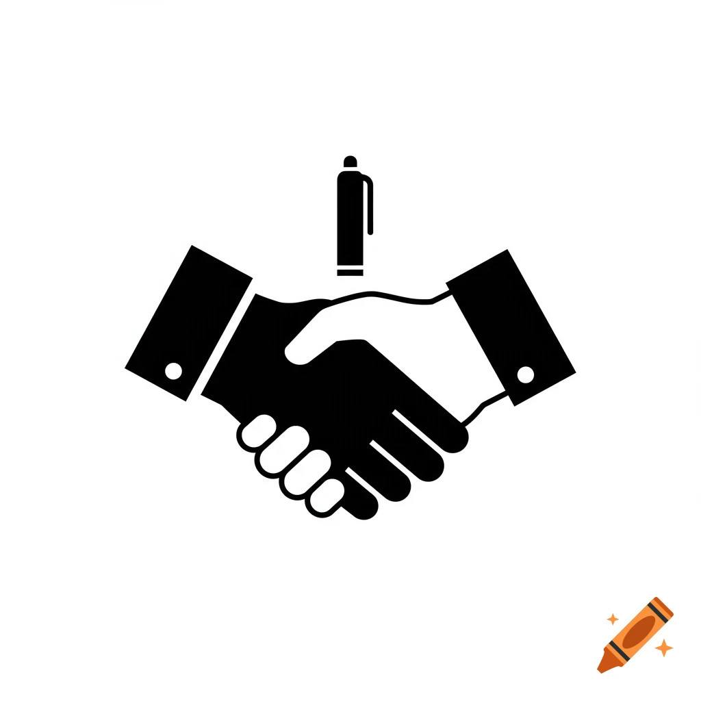 A black and white icon of two hands shaking, with a black pen silhouette positioned above them.
