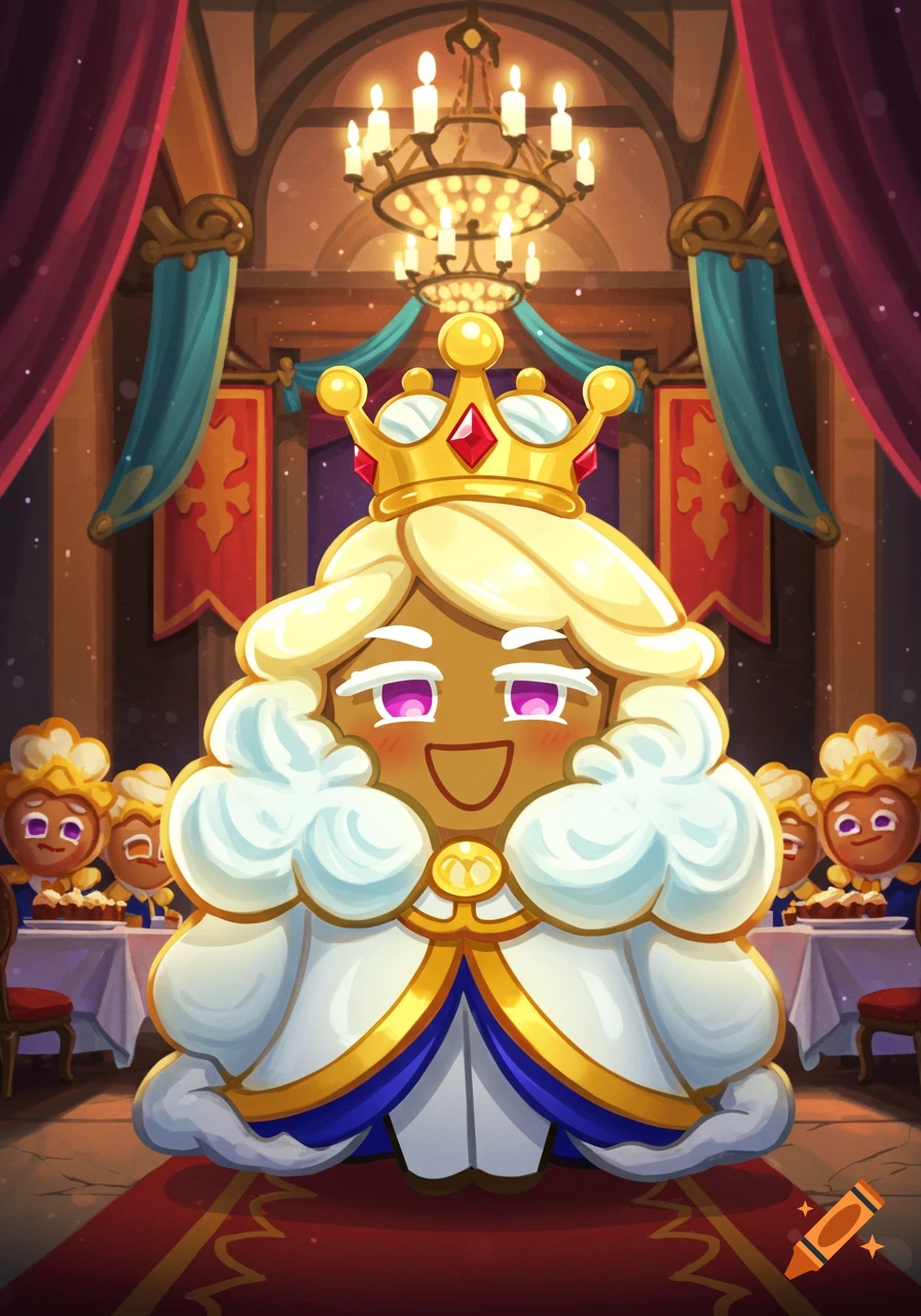 Smiling cartoon Royal Margarine Cookie in regal white and gold attire and crown, standing in a grand hall with chandeliers and other cookie characters.