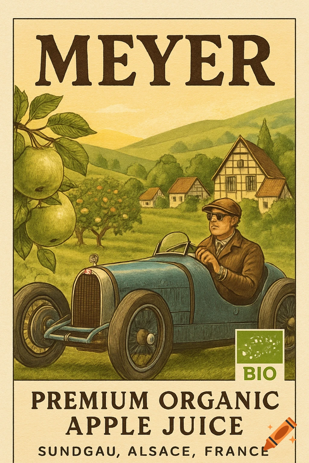 Vintage-style apple juice label featuring a man in a classic car in an Alsatian countryside with apple orchards.