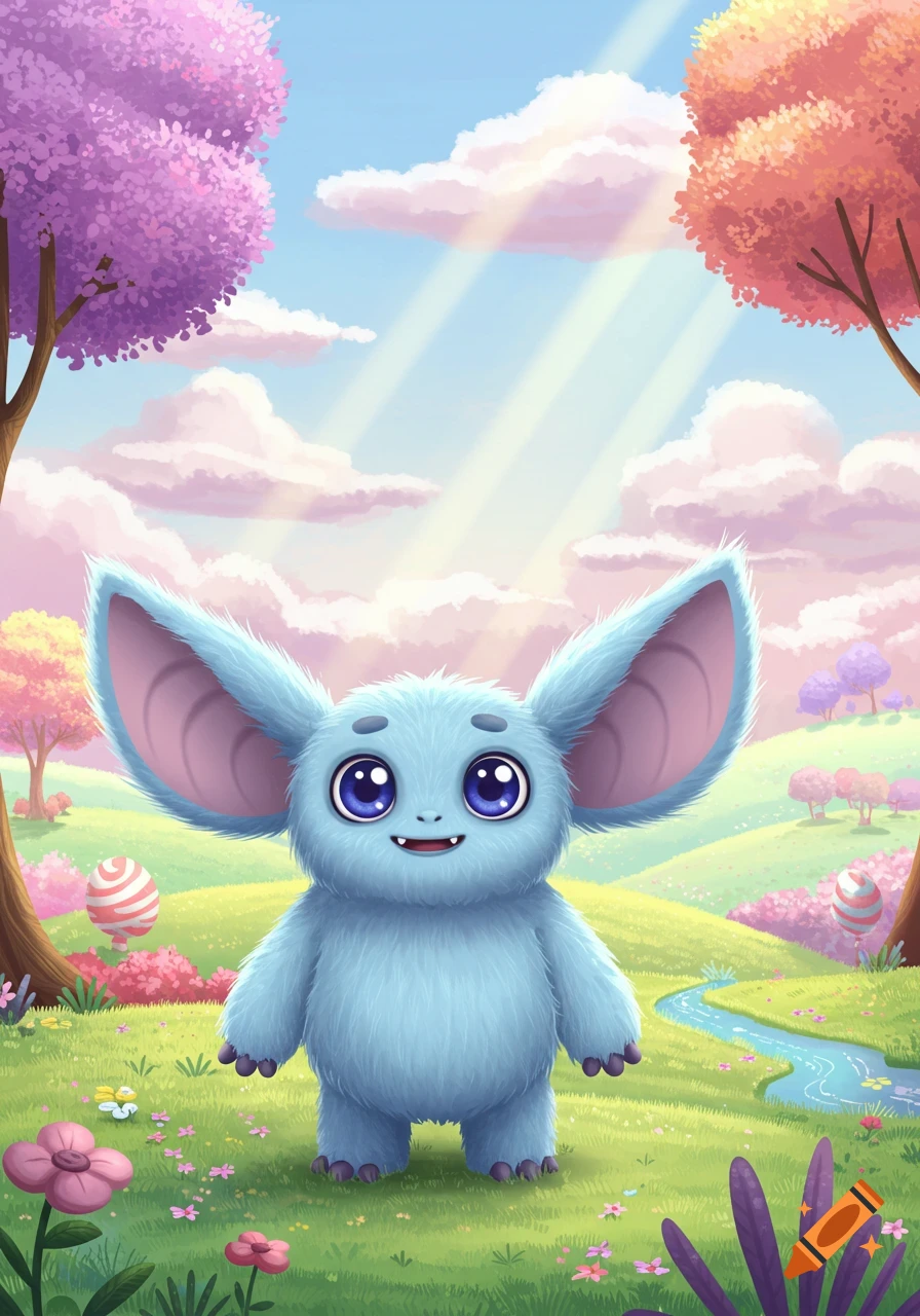 A cute, fluffy blue monster with large ears and big purple eyes stands in a vibrant, whimsical landscape with pink and orange trees, green grass, and a winding stream.
