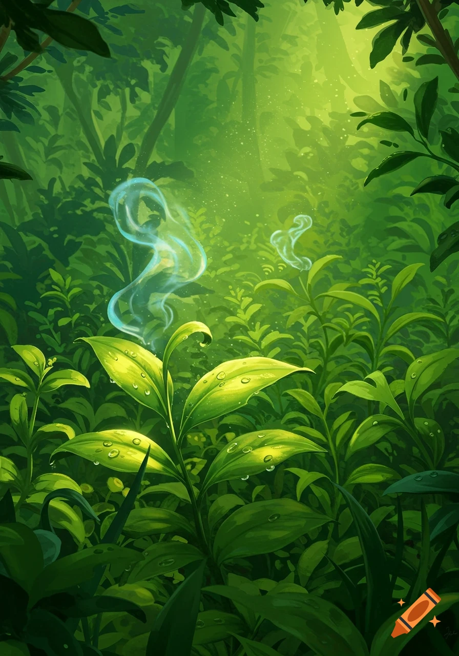 Lush green jungle scene with sunlight filtering through leaves, and ethereal blue wisps of smoke rising from some plants.