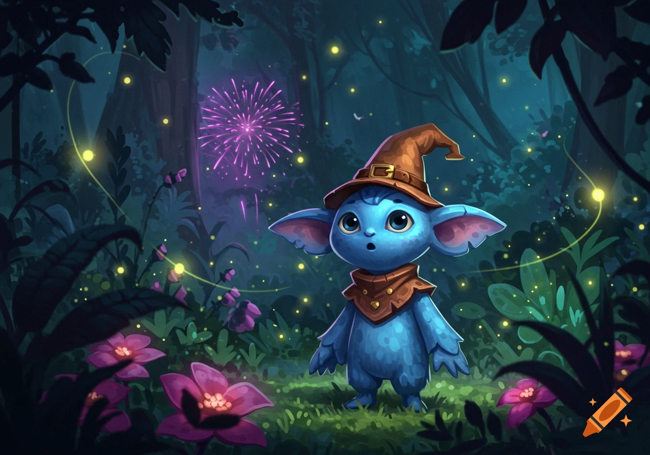 A cute, blue, big-eared creature wearing a wizard hat stands in a whimsical forest with glowing fireflies and purple fireworks.