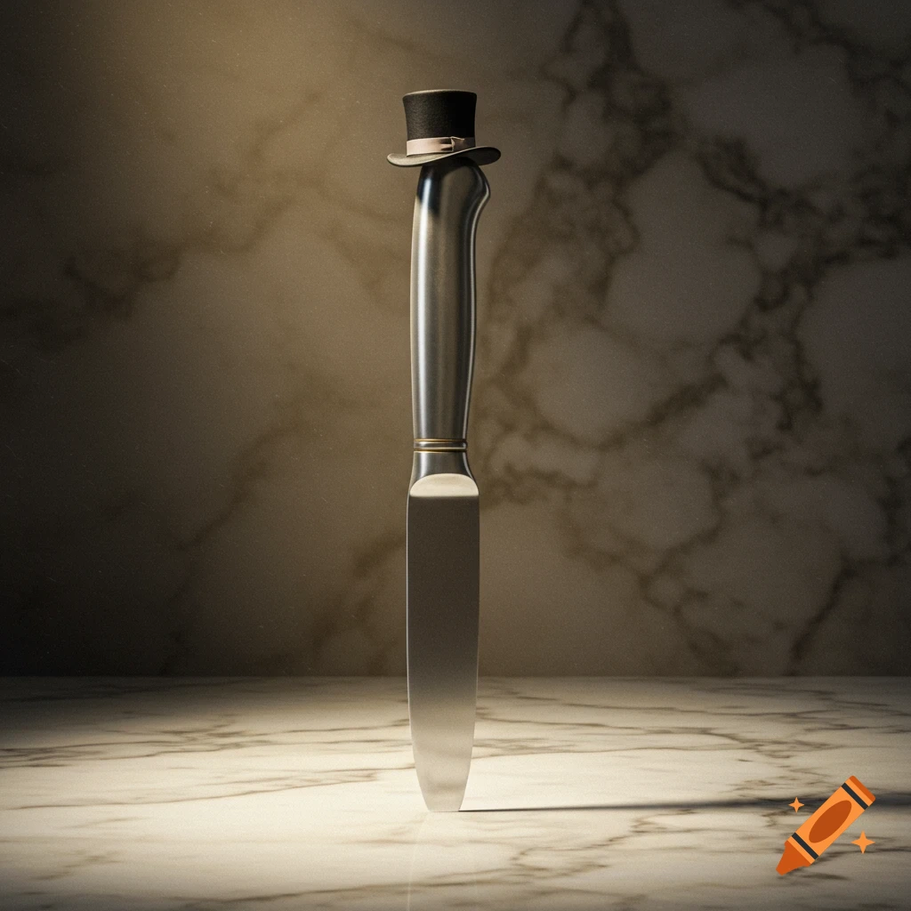 A polished silver knife stands upright on a marble surface, wearing a miniature black top hat.