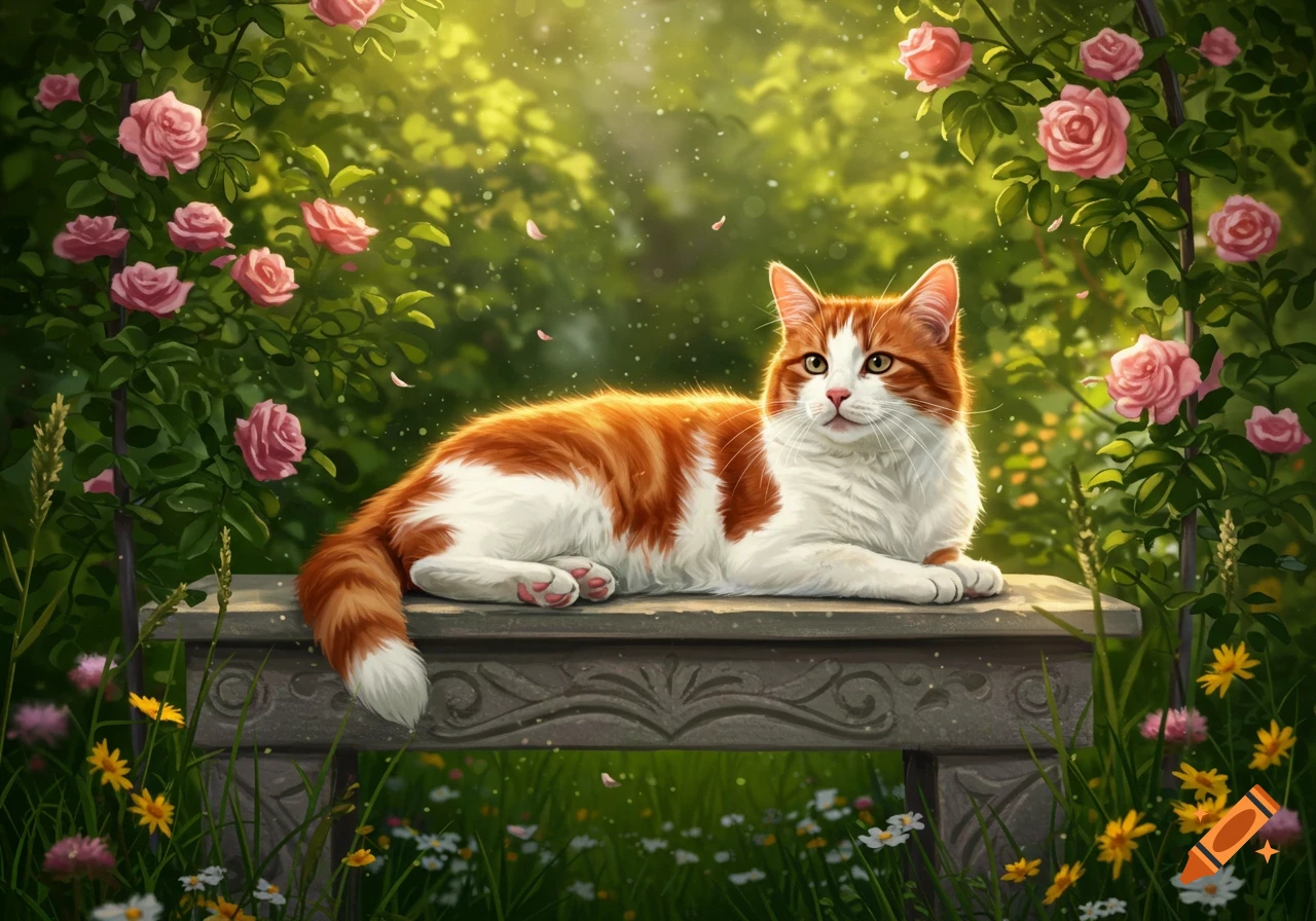 An orange and white cat with white paws lies on a stone bench in a lush, sunny garden with pink roses and wildflowers.