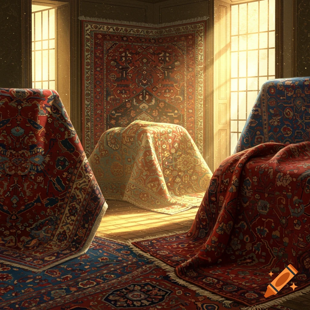 Sunlight streams into a room, illuminating several ornate Persian carpets and rugs draped over furniture and spread on a wooden floor.