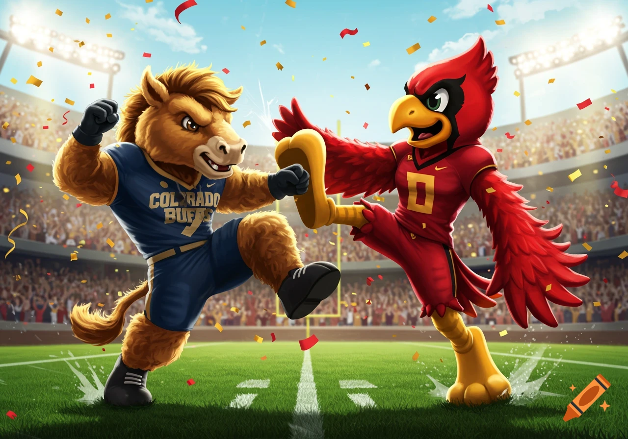 A cartoon illustration of a brown buffalo mascot in a blue uniform kicking a red cardinal mascot in a red uniform on a football field filled with confetti, with a stadium full of fans in the background.