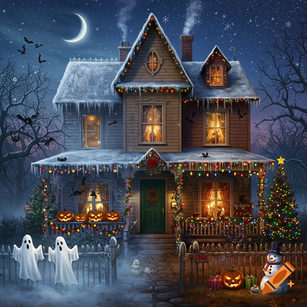 An illustrated spooky Victorian house decorated for both Halloween and Christmas under a crescent moon, with ghosts and a snowman.