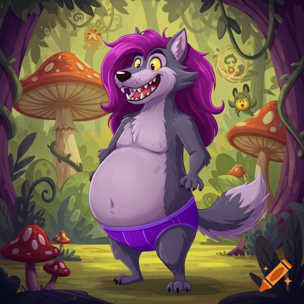 A cartoon wolf with a large belly, purple underwear, a purple mane, and sharp teeth smiles in an enchanted forest with giant mushrooms.