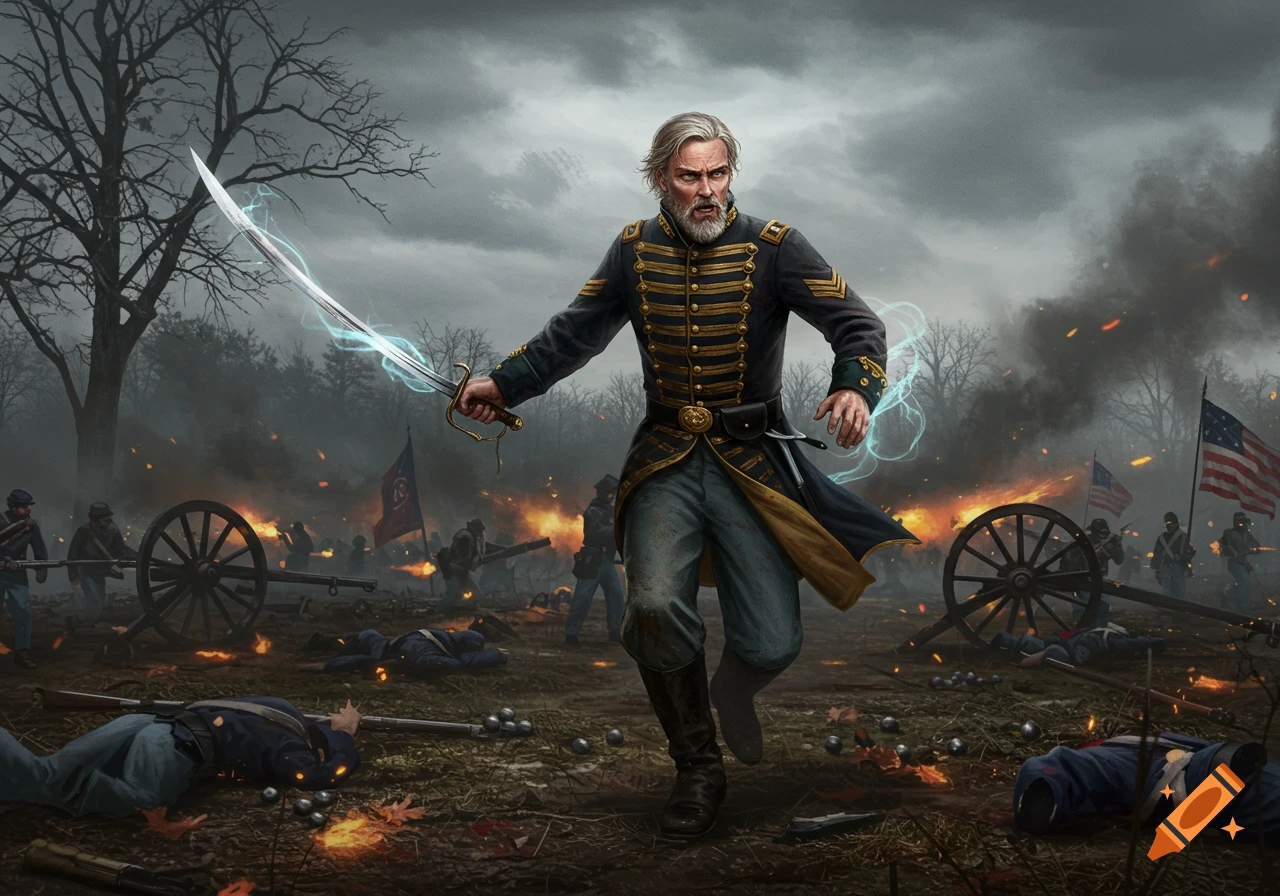 A grizzled Civil War soldier with a glowing sword charges through a smoky battlefield with fallen troops and cannons.