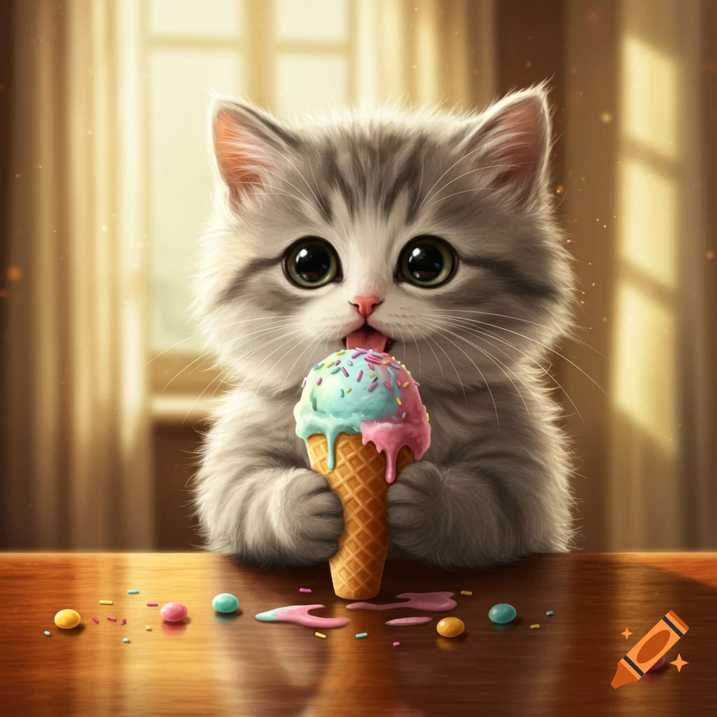 A cute, fluffy grey kitten with big eyes licks a two-scoop ice cream cone with sprinkles on a wooden table.