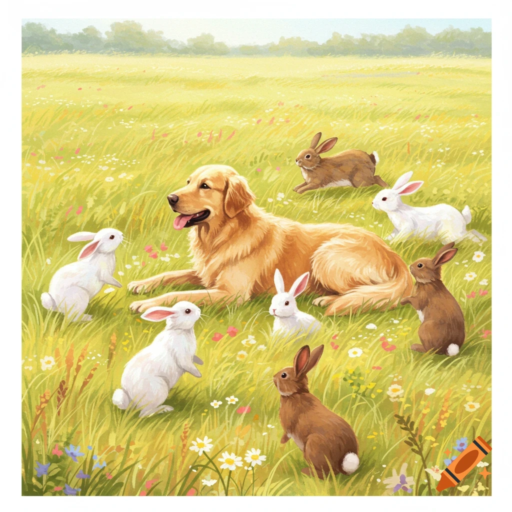 An illustration of a golden retriever dog lying in a green field surrounded by seven rabbits and wildflowers.