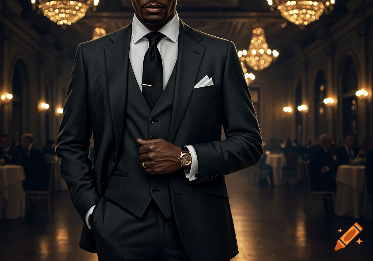 A man in a dark three-piece suit, white shirt, and black tie with a gold watch stands in a luxurious ballroom with chandeliers.