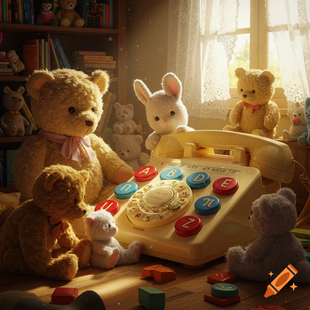 Teddy bears and a white bunny play with a yellow alphabet rotary phone and colorful blocks in a sunlit room.