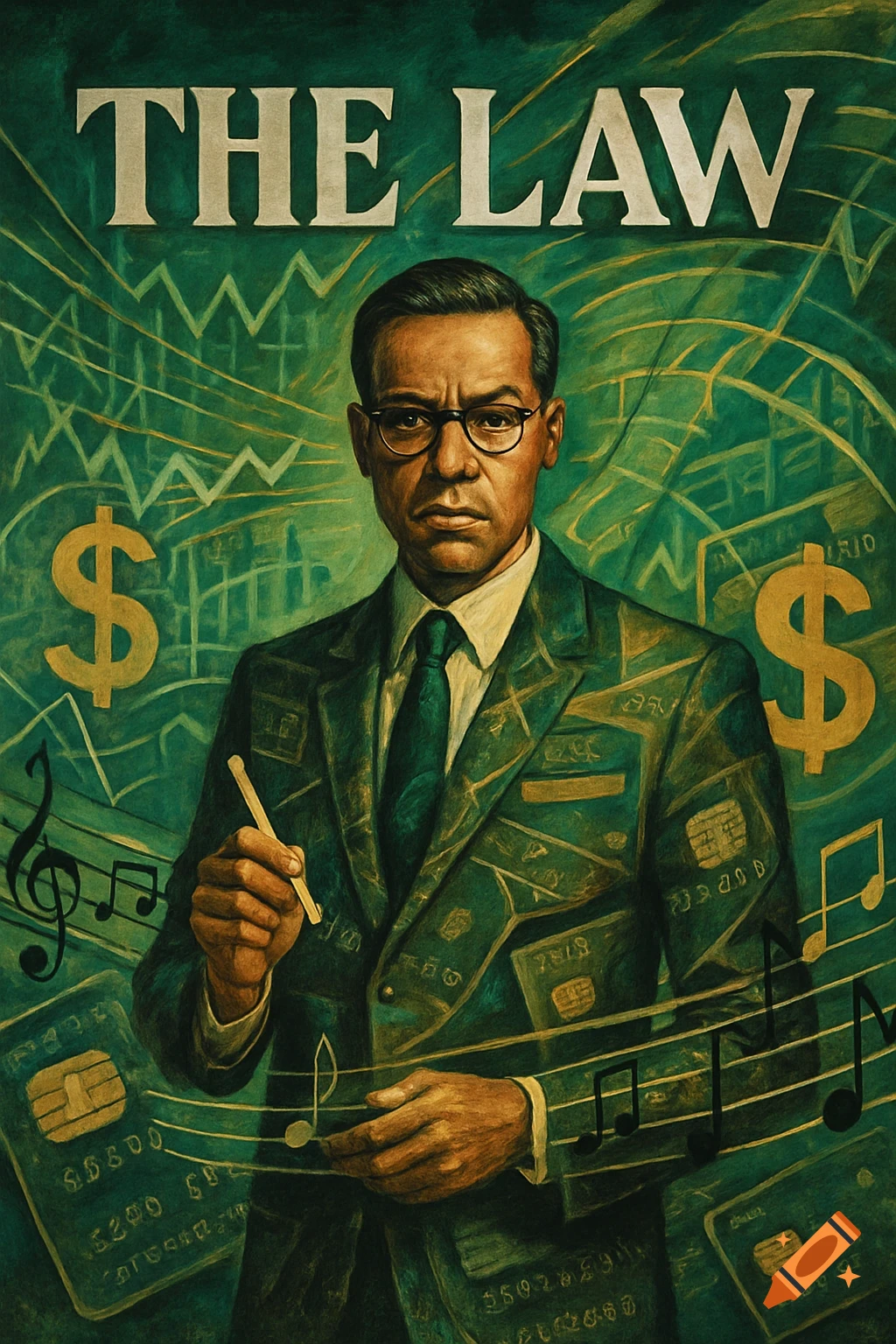 A man in a suit and glasses stands against a green background with dollar signs, musical notes, and credit cards. Text at the top reads "THE LAW".