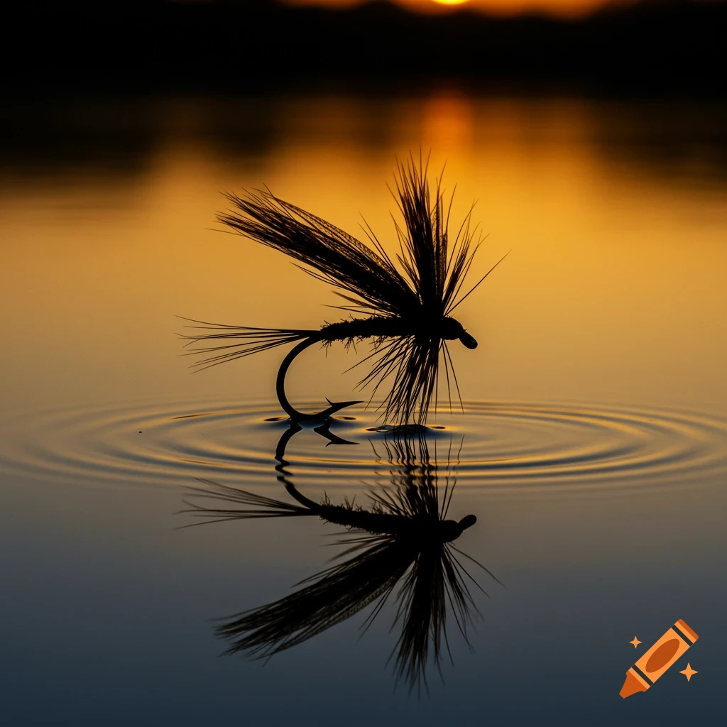 Silhouette of a dry fly on the water at sunset, with ripples and its reflection.