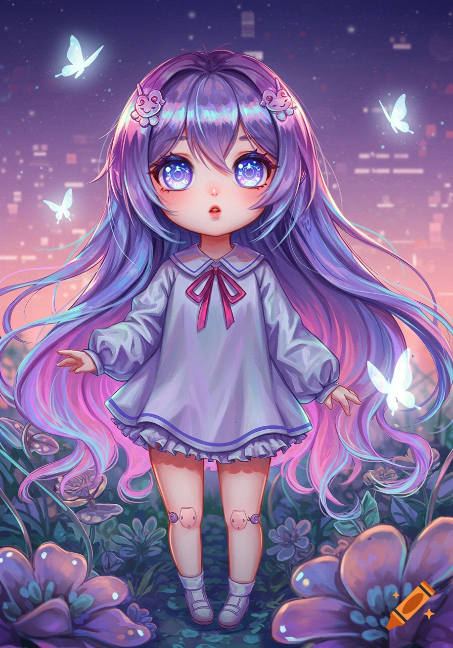 Vibrant anime art of a cute chibi girl with long purple hair and big sparkling eyes, in a magical garden with glowing butterflies and a city skyline.
