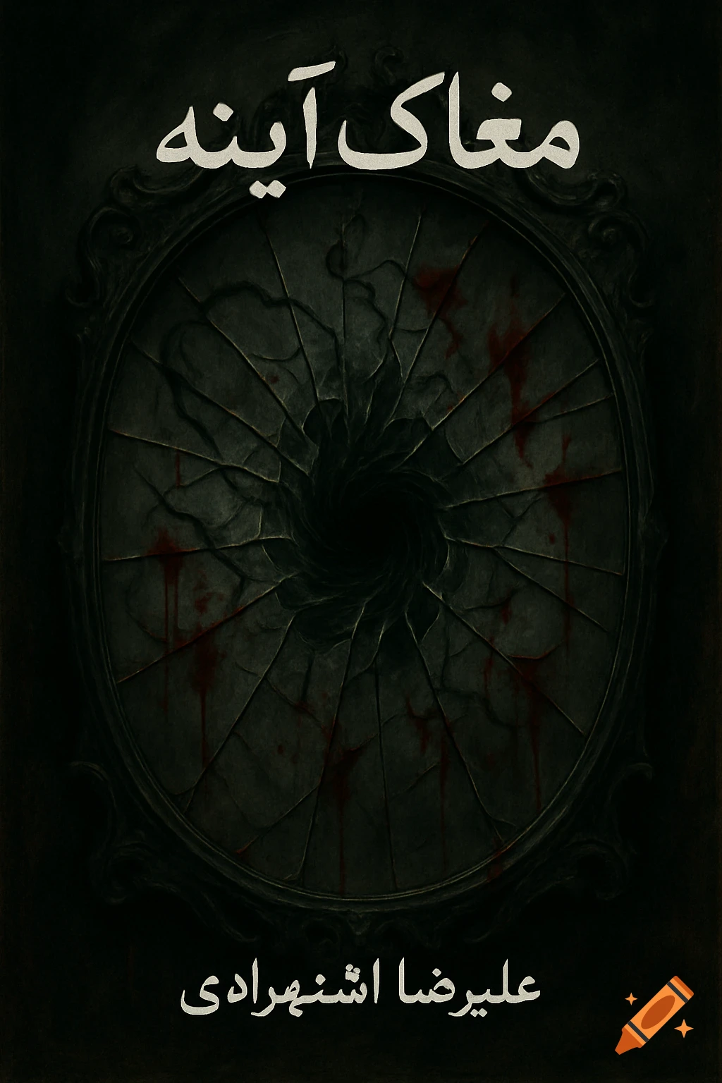 Dark, gothic book cover with a shattered mirror reflecting an abyss, faint blood, and Persian text.