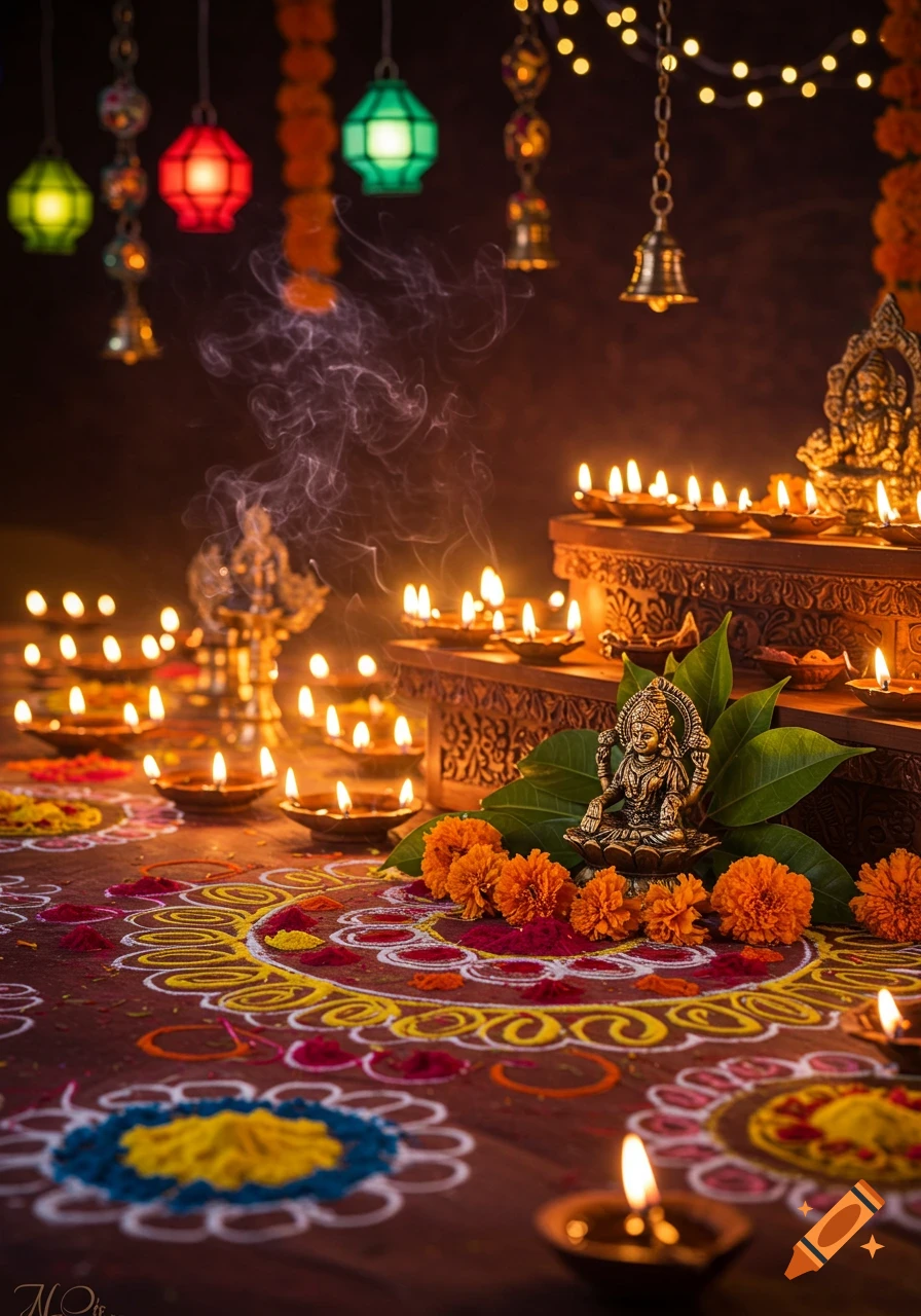 A vibrant Diwali setup with many lit diyas, colorful rangoli, marigold flowers, and deity statues. Photorealistic.