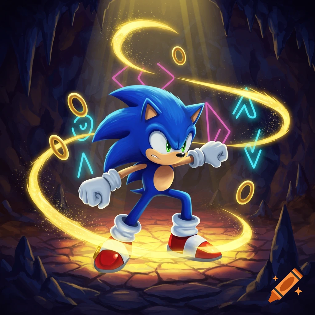 Sonic the Hedgehog stands in an action pose in a glowing cavern, surrounded by golden rings and neon symbols.