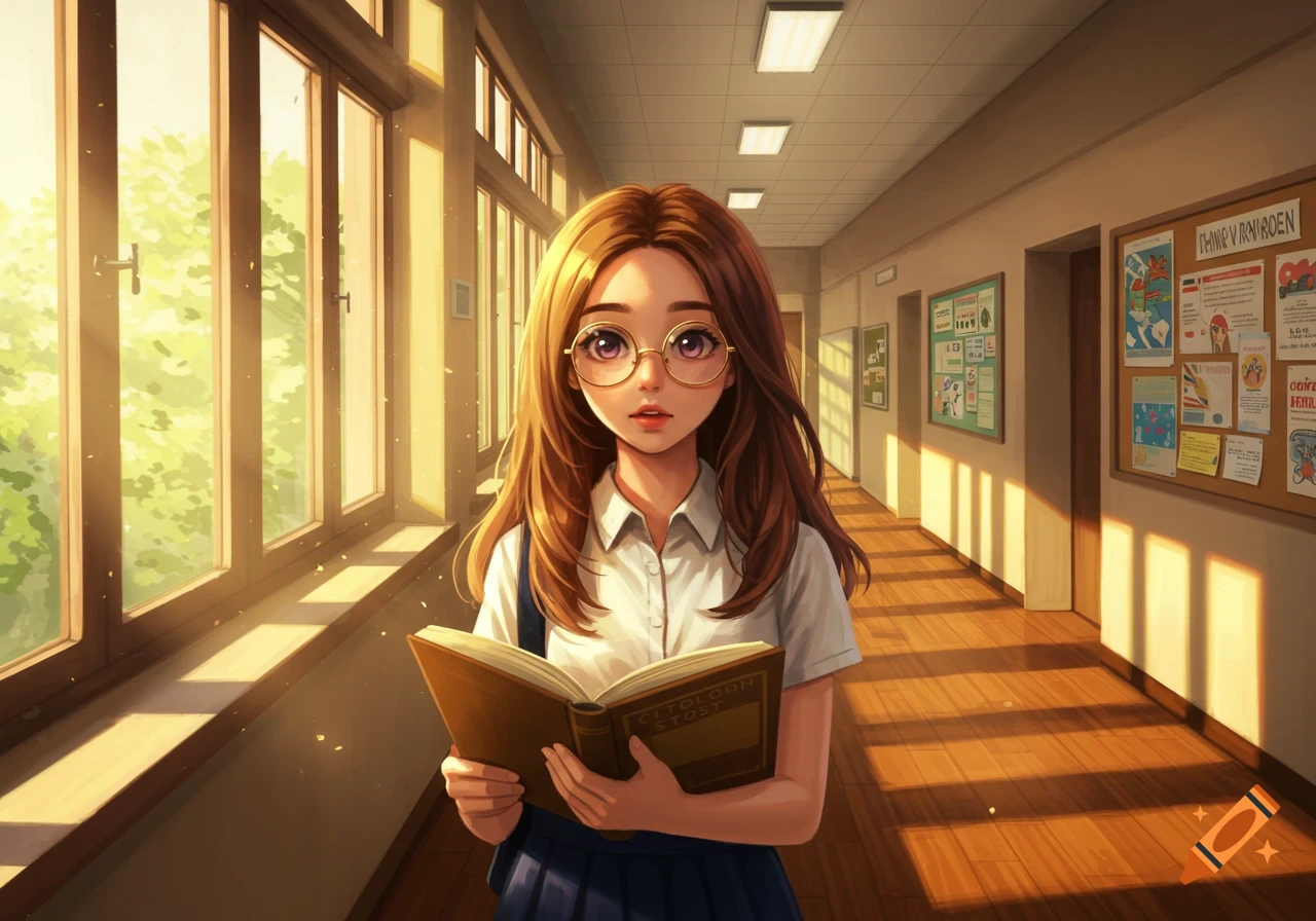 Anime-style girl with brown hair and glasses, wearing a school uniform, stands in a sunlit hallway holding a book.