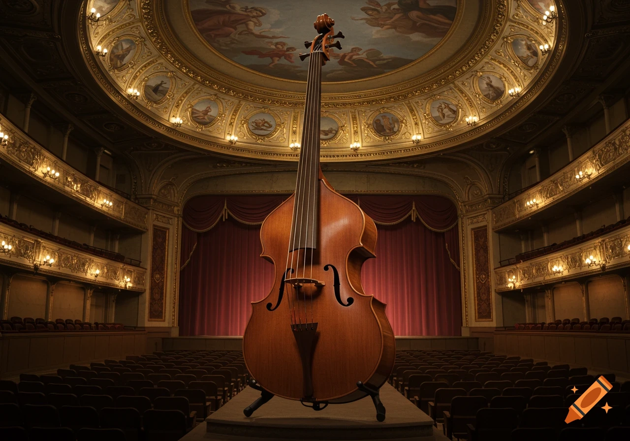 A photorealistic image of a large octobass centered on a stage in an ornate, empty opera house with red curtains and a painted ceiling.