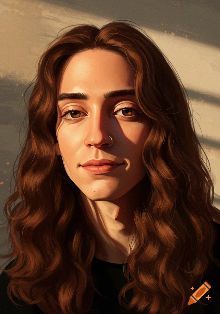 A digital painting of a woman with long, wavy brown hair, sunlight casting shadows across her face.