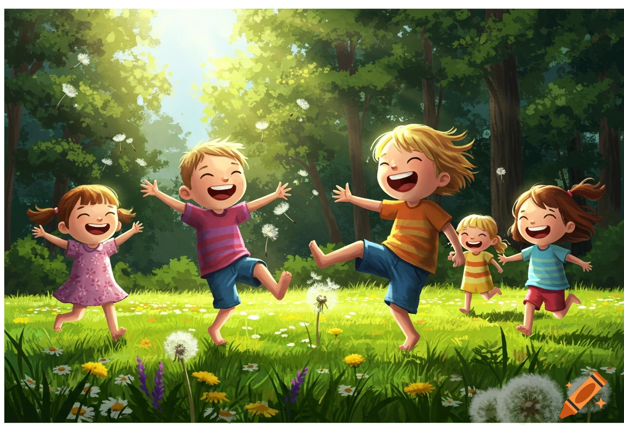 Happy cartoon children running and playing barefoot in a sunny grassy forest clearing with dandelions flying in the air.