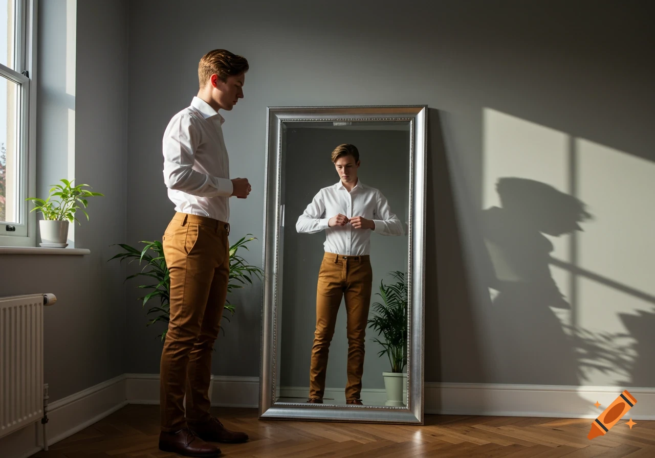 A young man in a white shirt and brown chinos stands in a room, buttoning his shirt while looking at his reflection in a large mirror. Photorealistic.