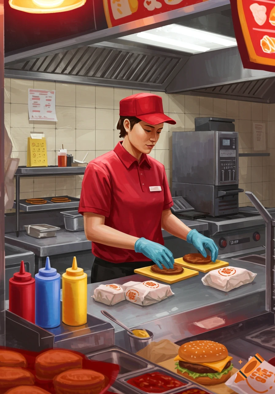 A fast food worker in a red uniform and blue gloves prepares burgers in a kitchen, with various ingredients and sauces visible.