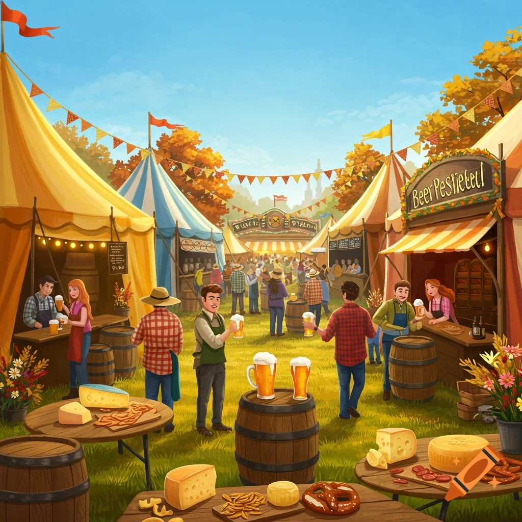 A vibrant, colorful illustration of a busy beer festival with tents, people drinking beer, tables of cheese, sausages, and pretzels.