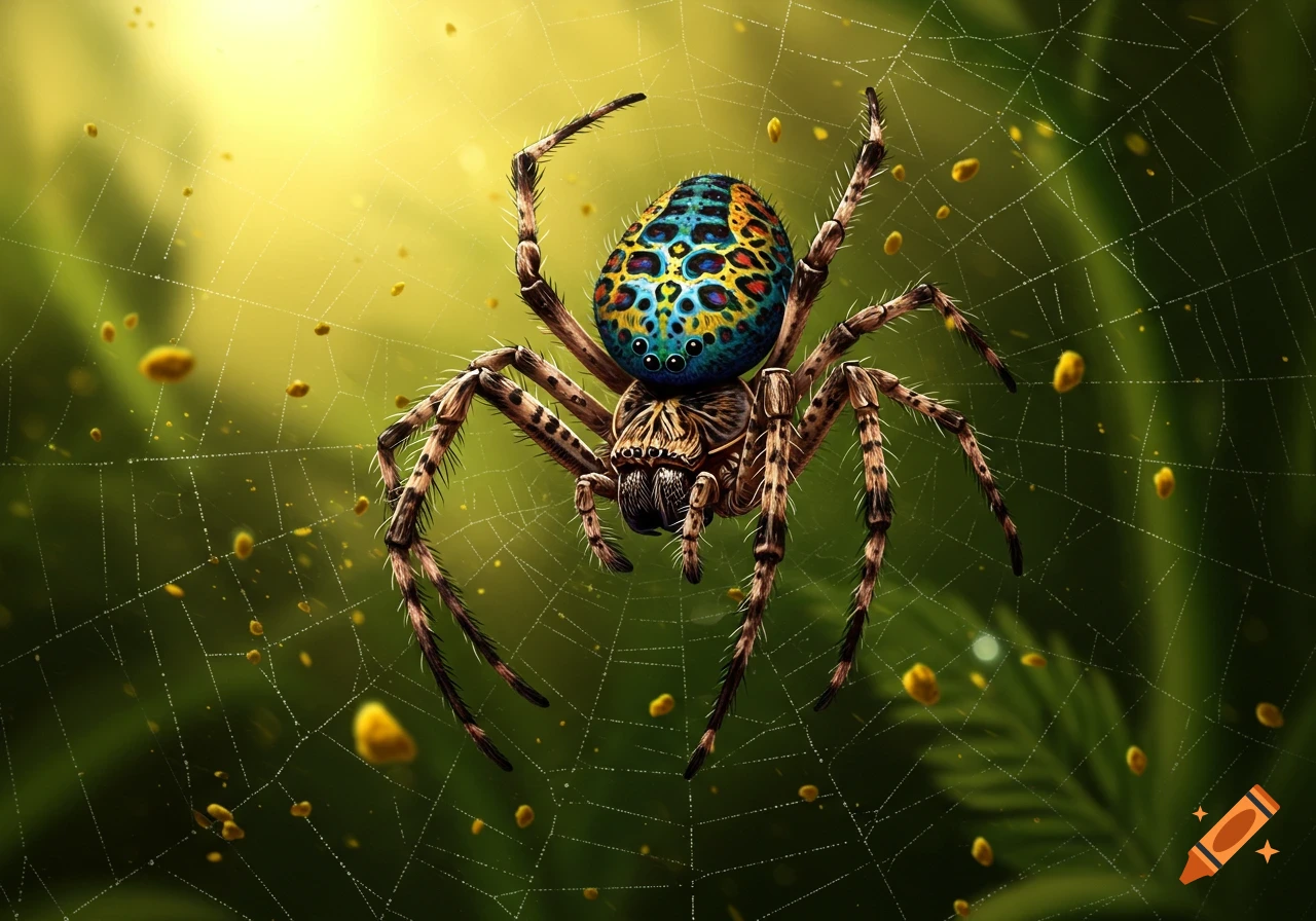 A vibrant spider with a colorful, leopard-print patterned abdomen and hairy legs sits on a delicate web amidst a bright, lush green background.