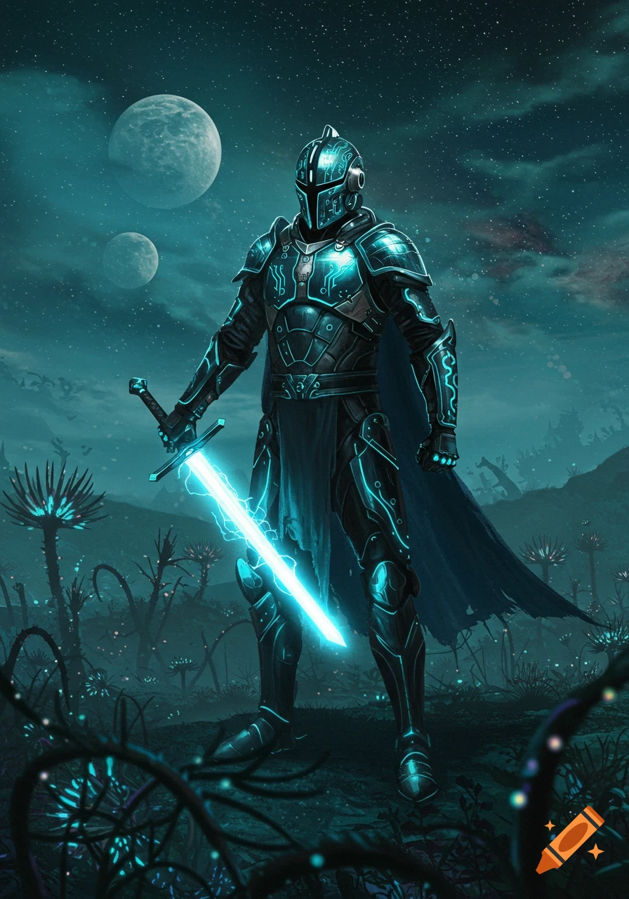A futuristic knight in dark armor with glowing blue accents stands on an alien planet under two moons, holding a radiant blue sword.