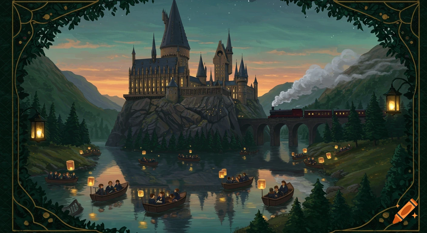 Hogwarts castle at sunset, with students in boats on a lake and the Hogwarts Express train on a bridge. Illustrated style.