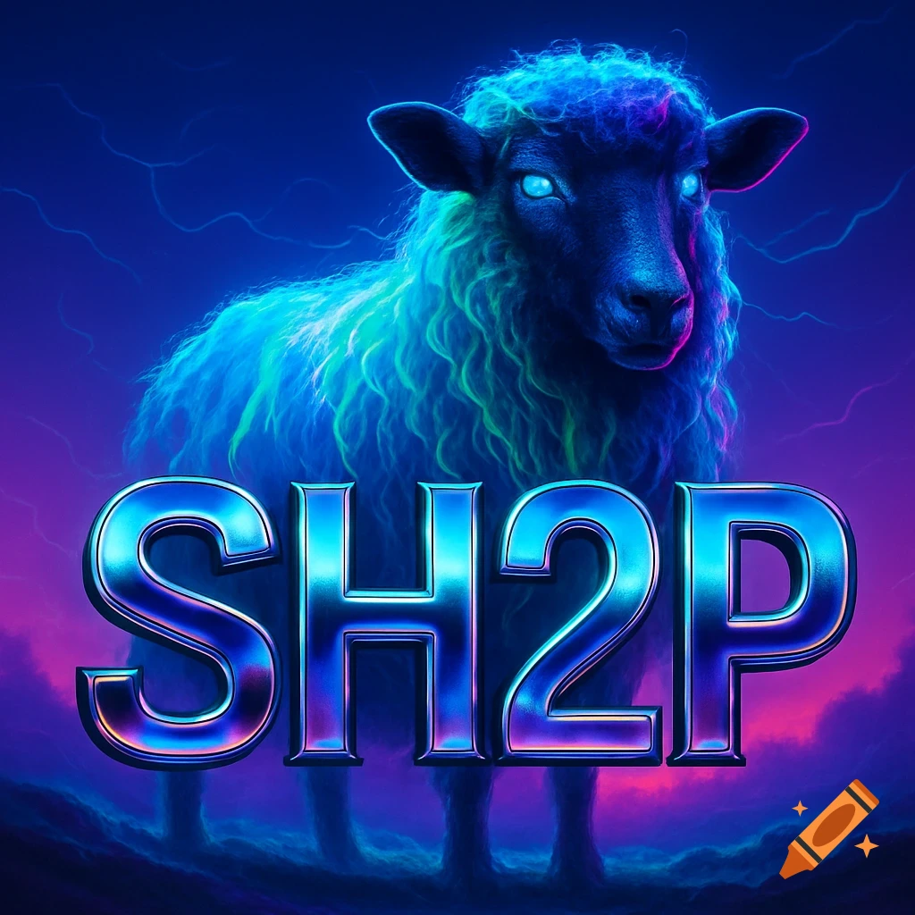 Metallic 'SH2P' text in front of a glowing sheep with bright blue eyes against a neon purple and blue background.