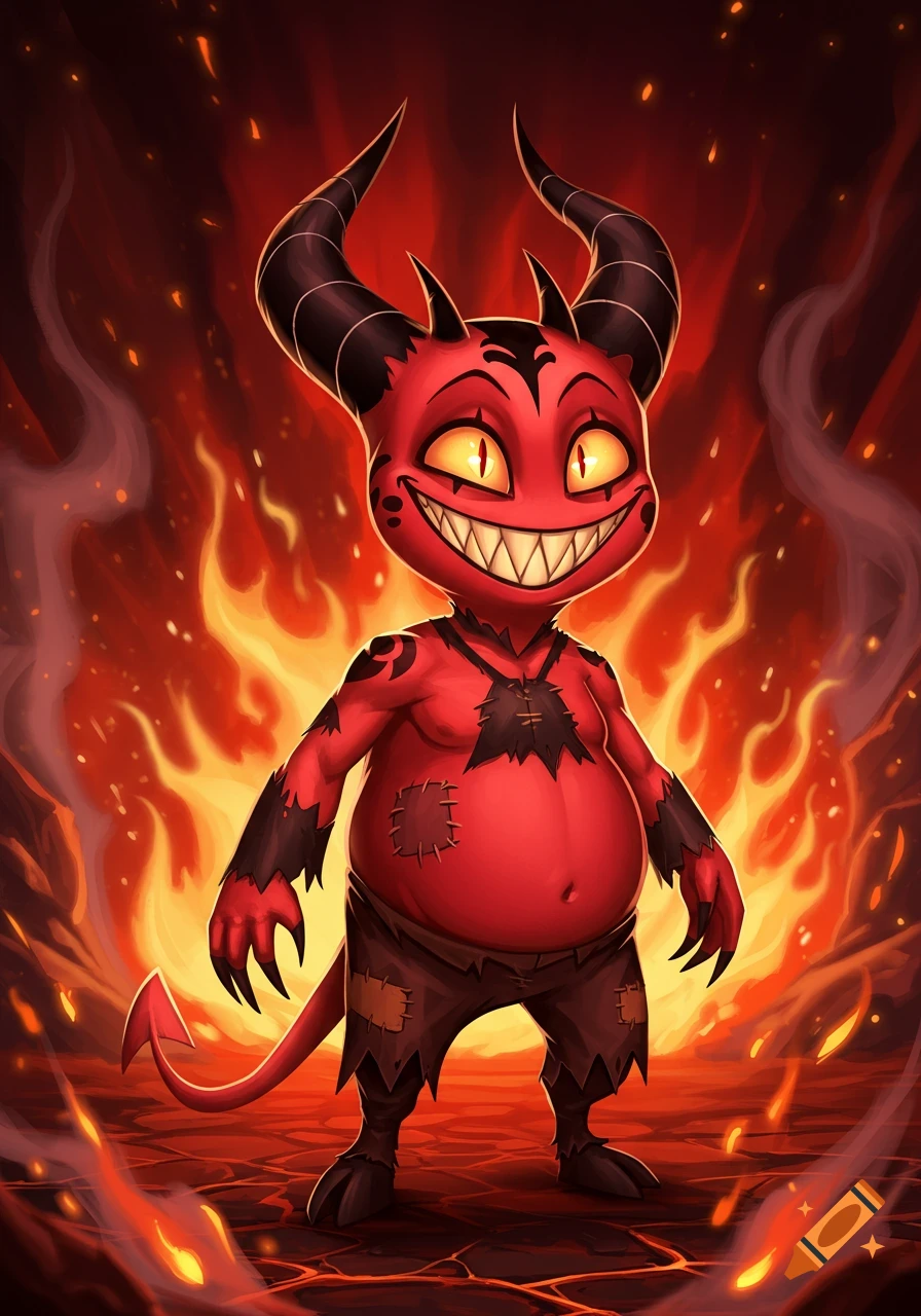 A chubby, grinning red cartoon devil with horns, a tail, and tattered clothes stands in a fiery hellish landscape.