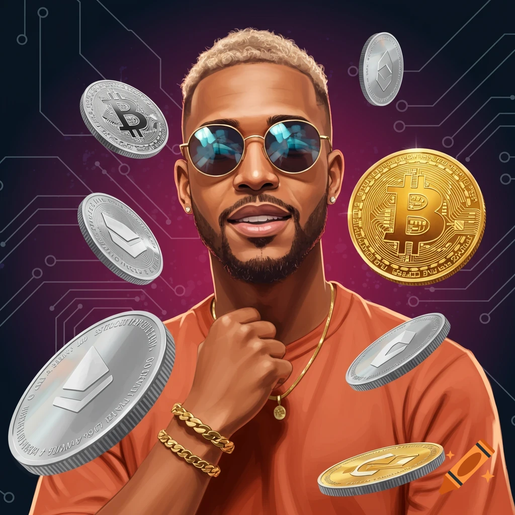 An illustrated man with blond hair, sunglasses, a beard, and gold jewelry, surrounded by floating Bitcoin and Ethereum coins against a circuit board background.