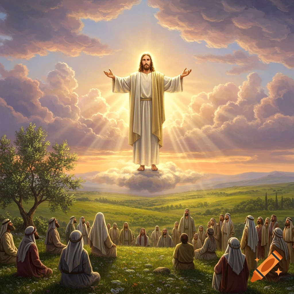 Jesus stands on a cloud with arms outstretched, glowing with divine light, as a crowd of followers looks up from a green, flowery field at sunset.