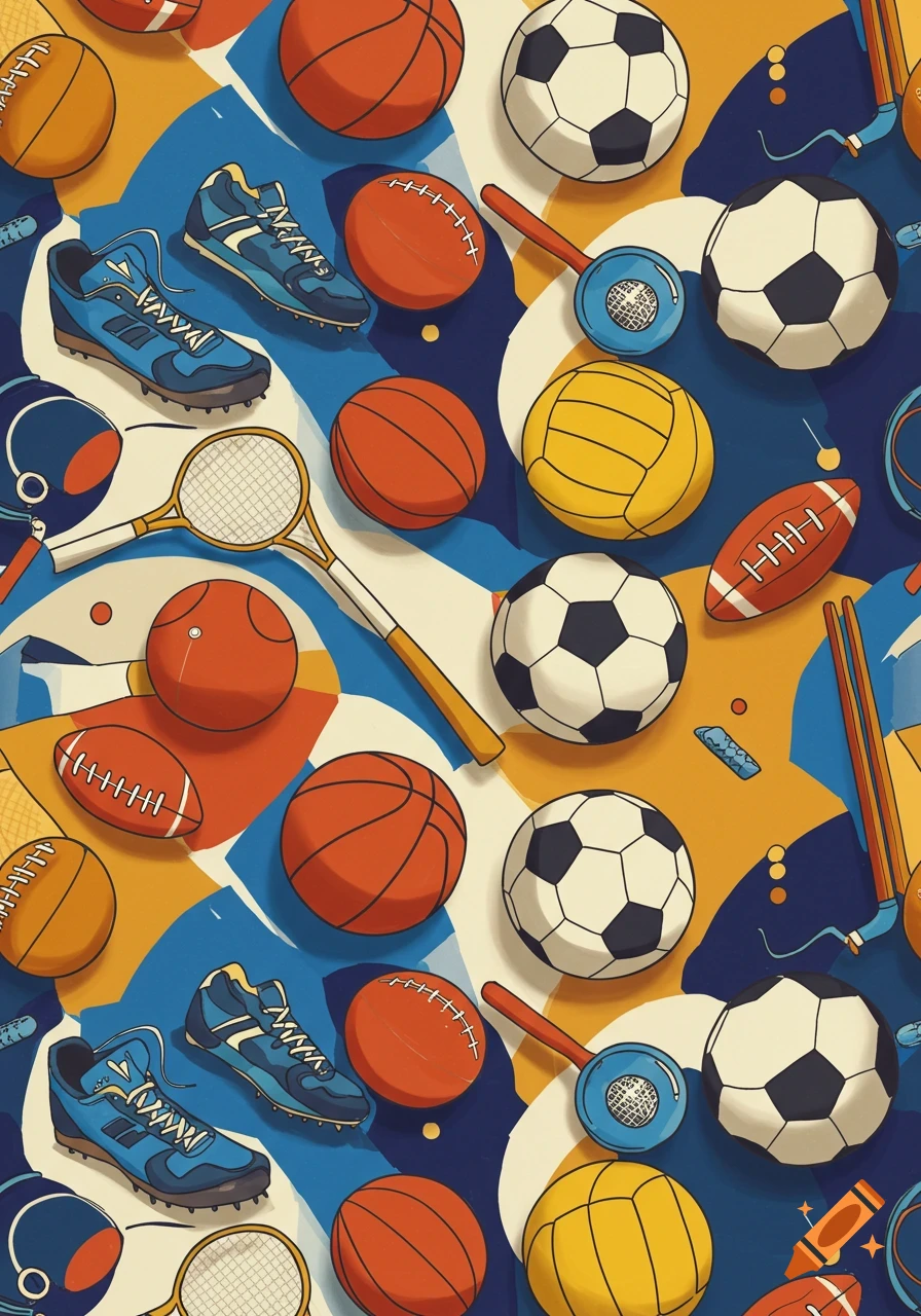 A colorful, seamless pattern featuring various sports equipment like basketballs, soccer balls, footballs, running shoes, and a tennis racket.