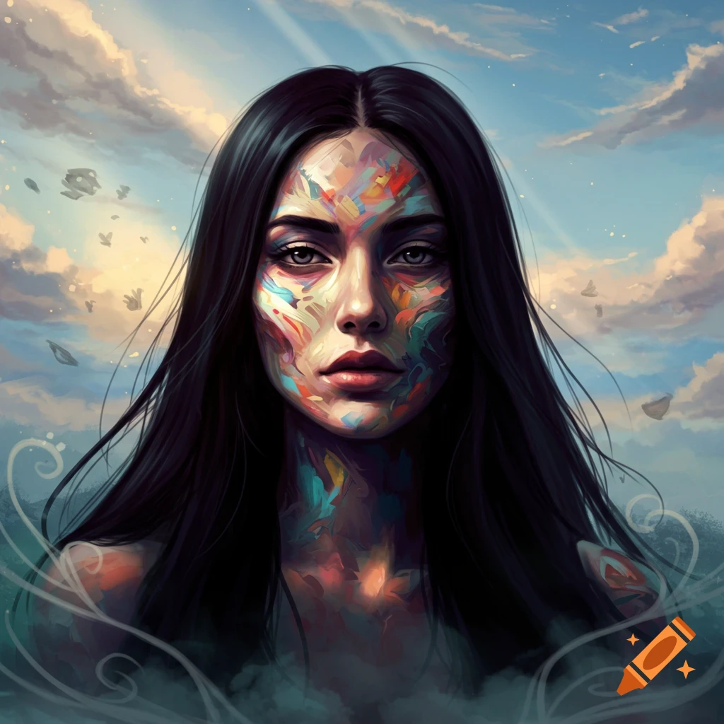 Abstract digital painting of a woman with long dark hair and a face painted with colorful brushstrokes, set against a cloudy blue sky.
