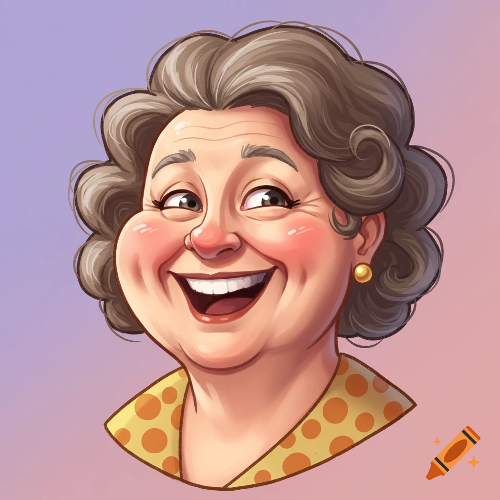 Cartoon headshot of a smiling older woman with curly brownish-gray hair, wearing a polka dot top.