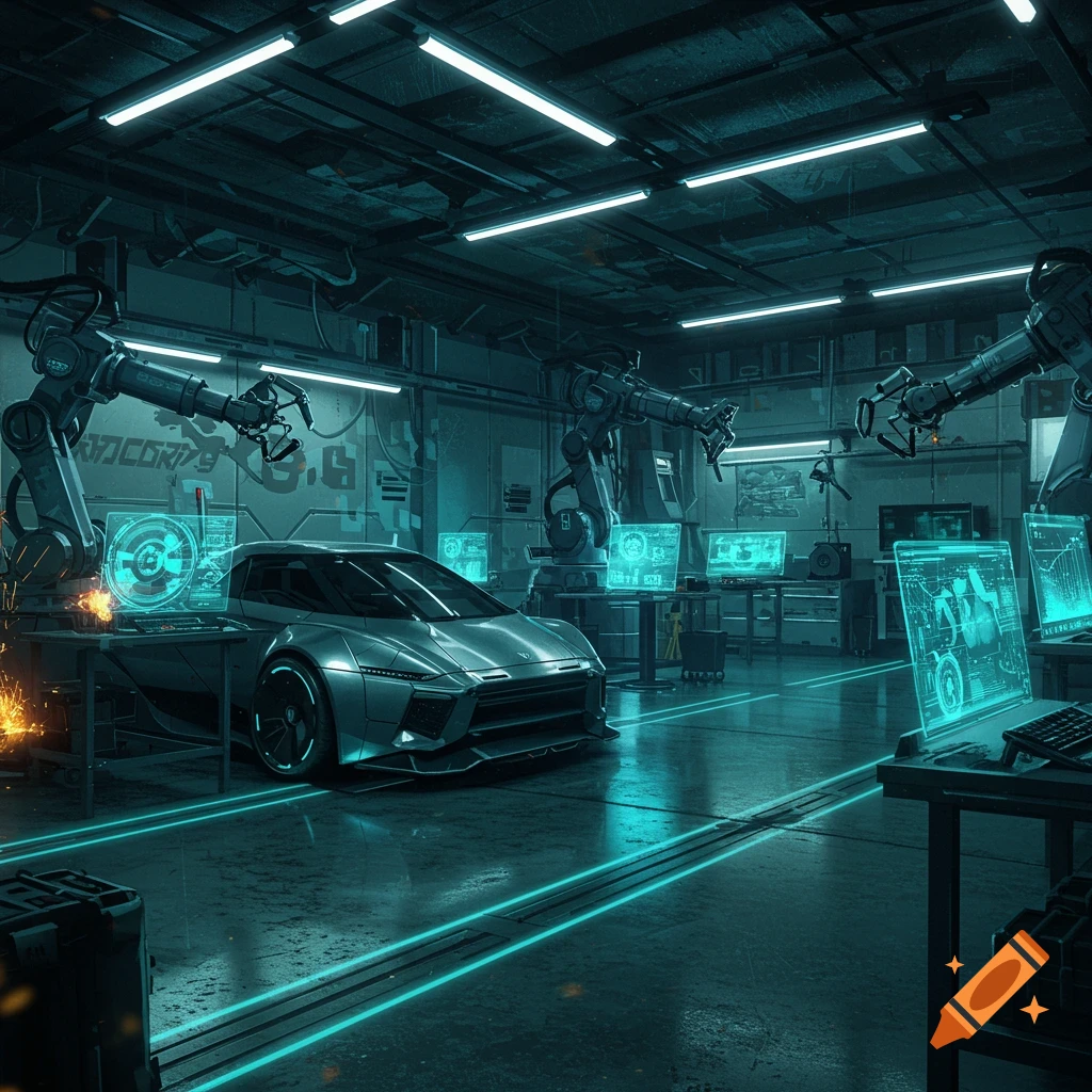 A futuristic tech garage with a sleek silver sports car in the center, flanked by robotic arms and glowing holographic screens displaying data. The scene is illuminated by neon blue lights, creating a high-tech atmosphere.