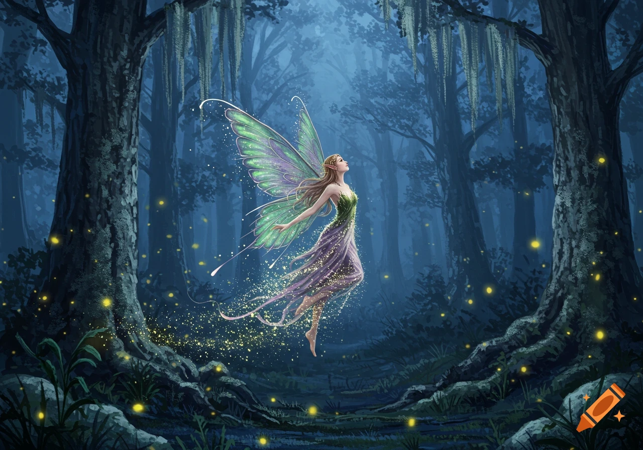 A graceful fairy with green and purple wings and a flowing dress floats in a magical, dark forest with glowing particles.