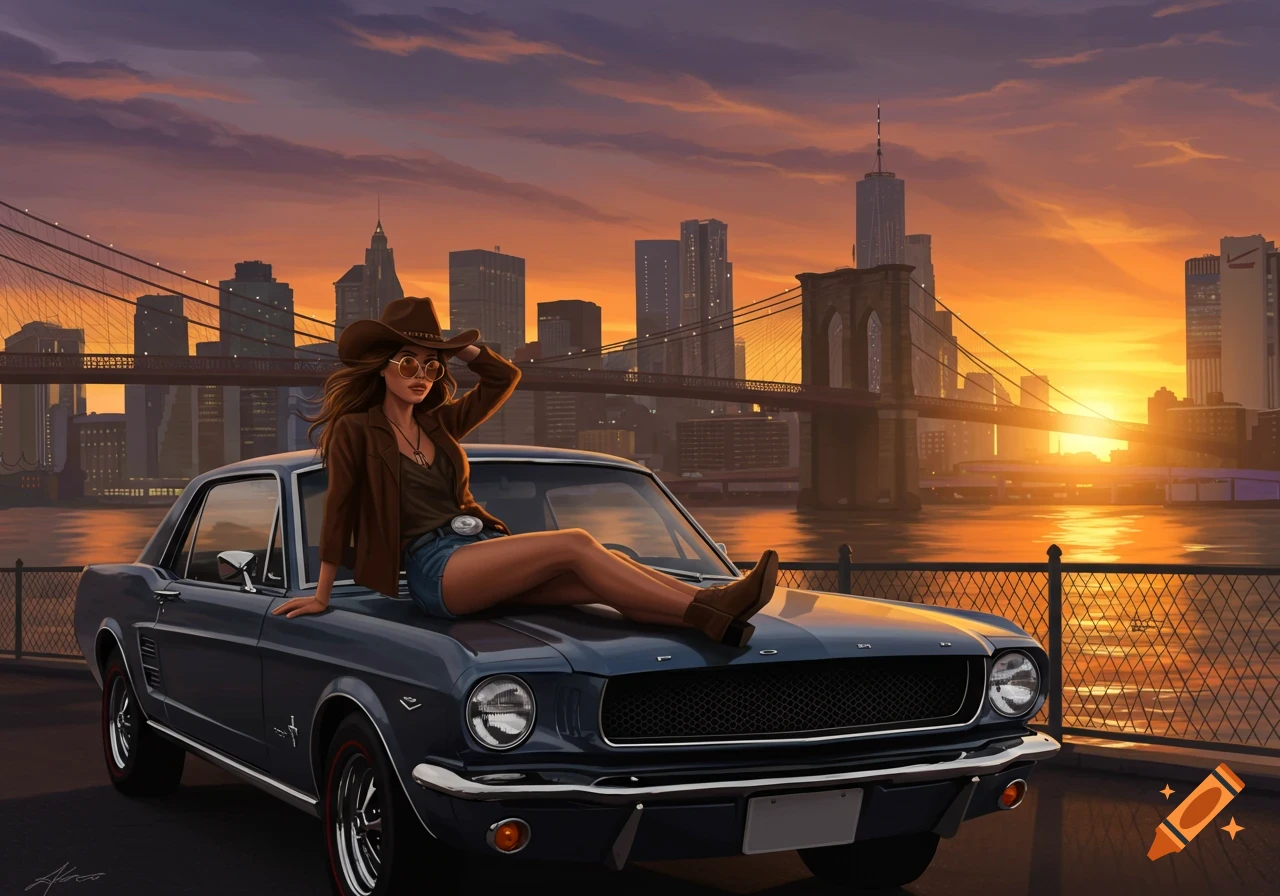 Illustrated woman in a cowboy hat on a blue Ford Mustang, enjoying a sunset over the Brooklyn Bridge and NYC skyline.