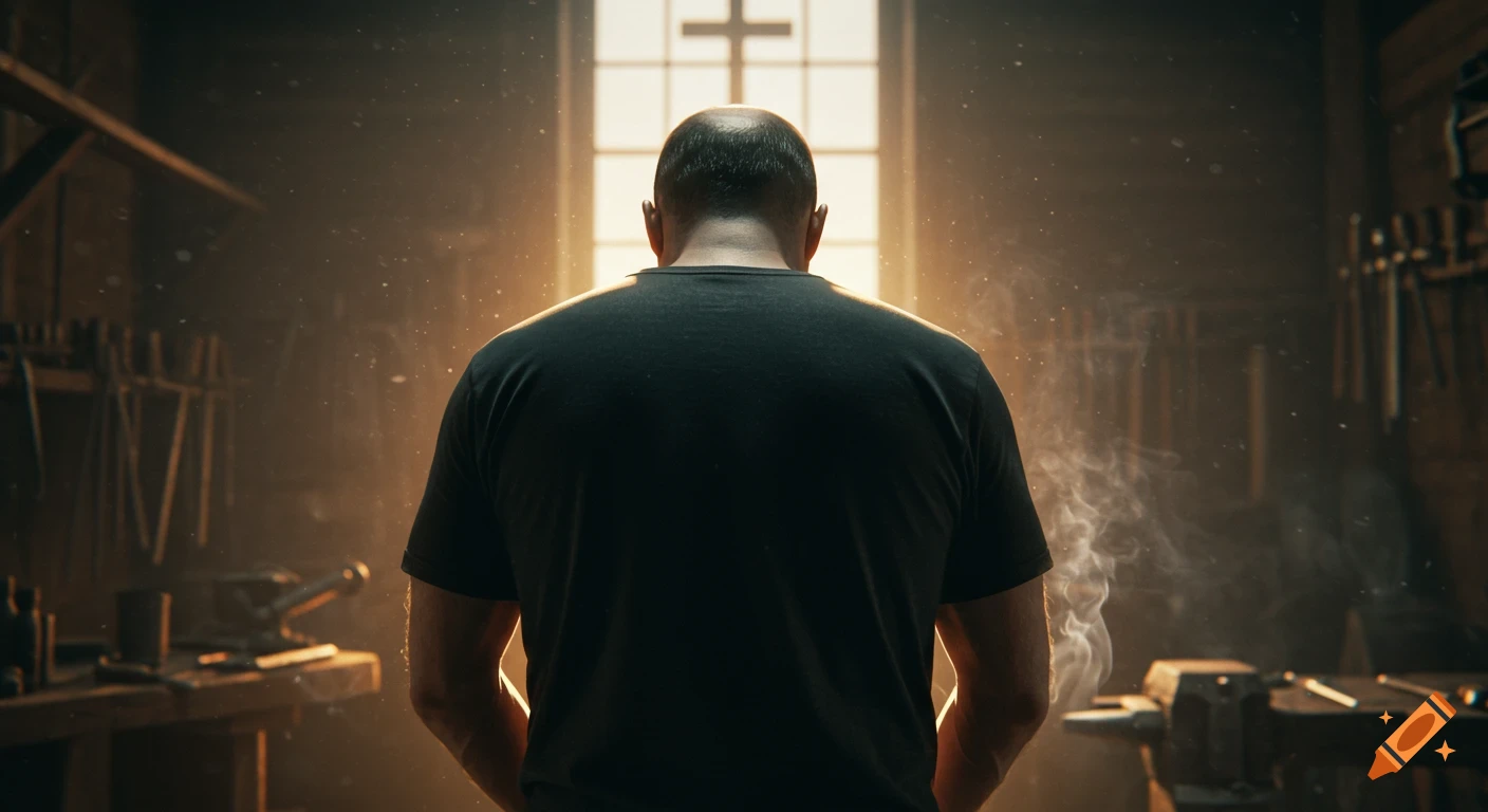 Photorealistic image of a man from behind in a dusty workshop, facing a bright window with a cross.