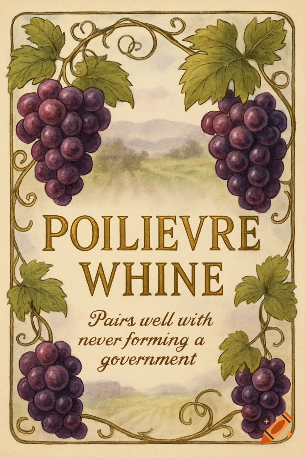 An illustrated wine label for 'Poilievre Whine' with bunches of grapes, green leaves, and vines framing a vineyard landscape. Text reads 'Pairs well with never forming a government'.