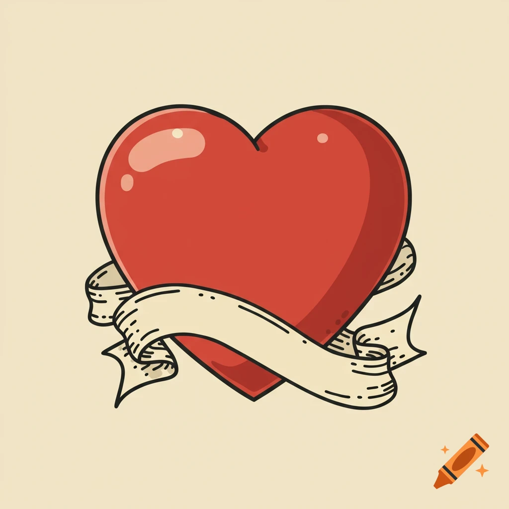 A red heart illustration with a beige banner wrapped around it, in a traditional tattoo style.