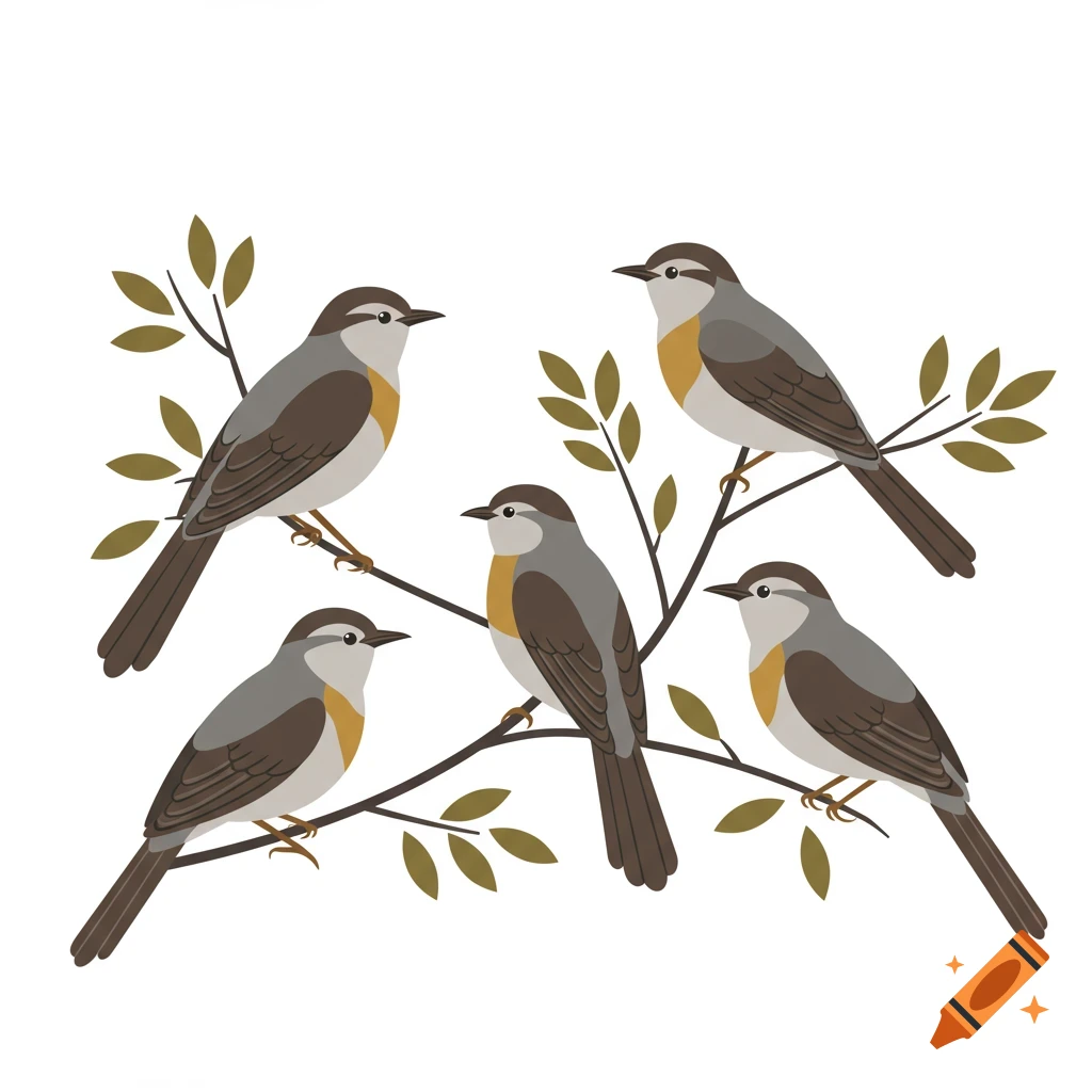 Five stylized brown and grey birds with yellow chests perched on leafy branches against a white background.