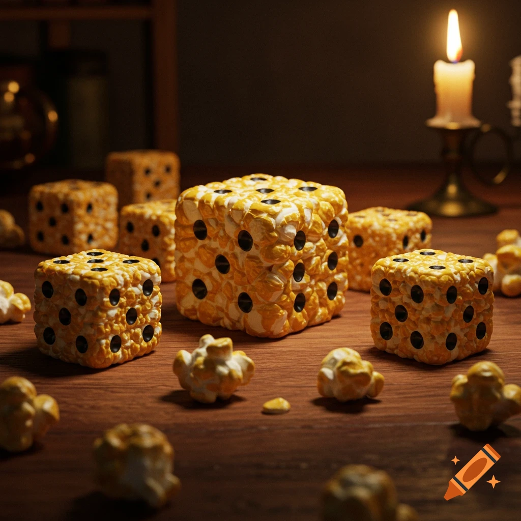 Several popcorn-textured dice scattered on a dark wooden table, lit by a candle flame in the background.